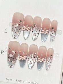 10pcs Cute Pink Leopard Print French Cat Eye Bow Acrylic Press-On Nails, Almond Shape, With Jelly Gel And Nail File, DIY Manicure Supplies, Suitable For Valentine's Day, Music Festival, School Trip, Etc. Handmade Press On Nails - Multicolor - View 1