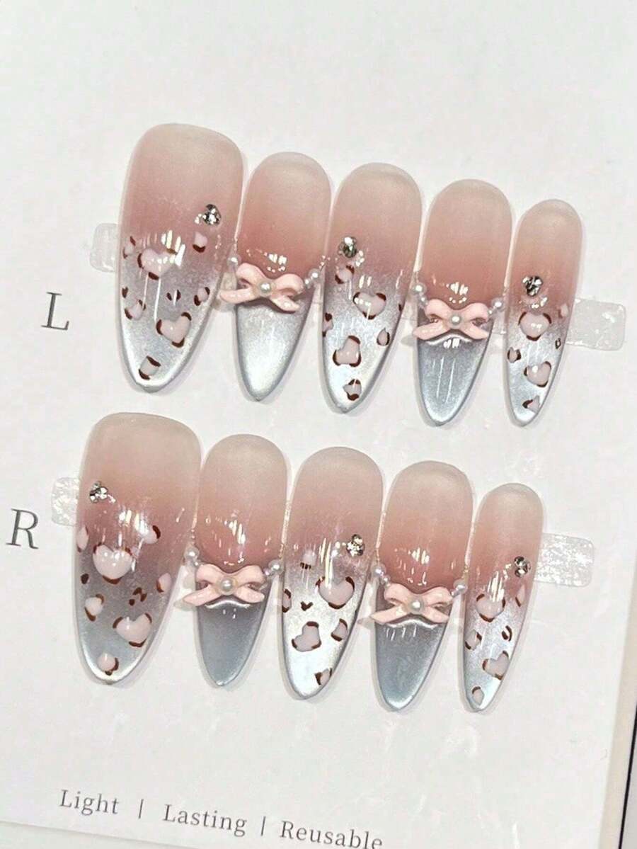 10pcs Cute Pink Leopard Print French Cat Eye Bow Acrylic Press-On Nails, Almond Shape, With Jelly Gel And Nail File, DIY Manicure Supplies, Suitable For Valentine's Day, Music Festival, School Trip, Etc. Handmade Press On Nails - Multicolor - View 1