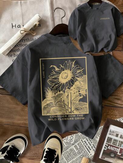 Camiseta de manga corta de verano para mujer con estampado casual de hojas de girasol, cuello redondo, holgada y versátil, color beige, adecuada para uso diario y vacaciones