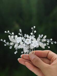 1pc Handmade Floral Hair Accessory, Elegant Bridal Headpiece For Wedding - Multicolor - View 2