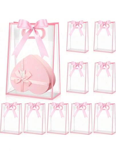 1/3/6/12pcs Transparent Gift Bags, Suitable For Baby Shower, Graduation, Wedding, Bridal Party, Birthday Party, Business Occasions, With Cut-Out Handles, Reusable PP Material, Size 7x10x3.15 Inches (Pink)