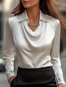 Áo sơ mi dài tay cỡ lớn chất liệu satin twill, cổ áo xếp ly thanh lịch, phù hợp cho công sở và hoạt động ngoài trời, màu trắng mùa xuân/thu. - trắng - Xem 1