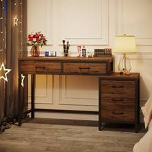 LITTLE TREE Makeup Vanity Desk With 5 Drawers, Rustic Vanity Table With With Reversible Storage Cabinet,Dressing Table For Small Spaces,Women, Girls Bedroom,Home Office(Without Mirror) - Nâu mộc mạc - Xem 8