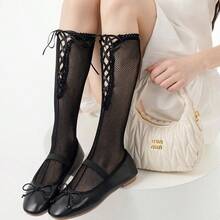 薄款芭蕾舞式交叉绑带小腿袜，洛丽塔蝴蝶结过膝袜，芭蕾舞式绑带网眼小腿袜，透明渔网缎带过膝袜 - 彩色 - 查看 3