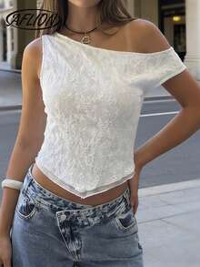 Aflion Women's French Elegant White Crochet Hollow Asymmetric Off-Shoulder Cropped Top - Fashionable Retro Y2K Sweet Sexy Girl Style, Suitable For Summer Dates, Shopping, Beach Vacations, Nightclubs, Concerts, Club Parties - White - View 7