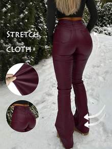 GILIPUR New Y2K Style Women's Burgundy PU Leather Pants, High Waist Casual Elegant Fashion Bottoms, Straight Loose Fit, Streetwear Spring - Burgundy - View 10