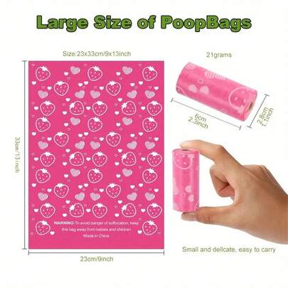 15pcs/Roll Strawberry Scented Pet Poop Bags, Thick Leak-Proof Dog Cat Waste Pickup Bags, Sturdy Garbage Bags For Outdoor Use