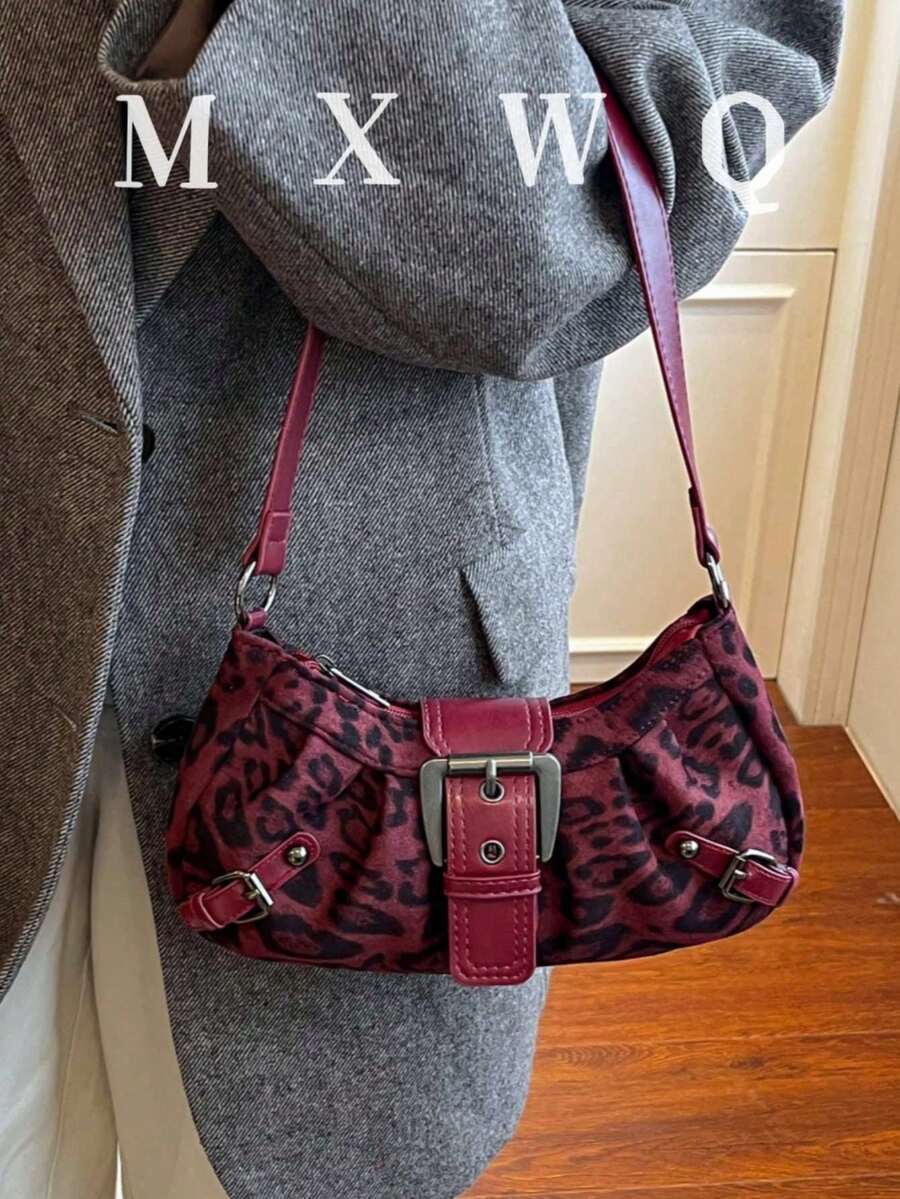 1个女士复古摩托朋克铆钉装饰可调节肩带大容量柔软仿油皮渐变色单肩腋下包，适合工作、通勤、约会、派对等场合。