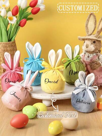 Customizable Easter Bunny Storage Bag With Drawstring, Polyester Material, Personalized Round Plush Bunny Ear Decor, Easter Decor Basket, Easter Holiday Gift For Women, Family, Friends, DIY Easter Basket Bunny Ears