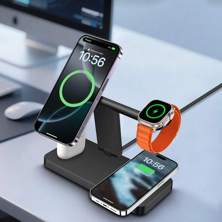 4-In-1 Fast Magnetic Wireless Charging Stand, Foldable Travel Charging Base, Compatible With IPhone 17 Air 16 15 14 13 12 Series Plus/Pro/Pro Max/Mini, Multi-Device Magnetic Charging, Compatible With Apple Watch Ultra/SE, 11 10 9 8 7 6 5 4 3 2, Compatible With AirPods Pro2 Pro 4 3 2, Compatible With IWatch - Black - View 1