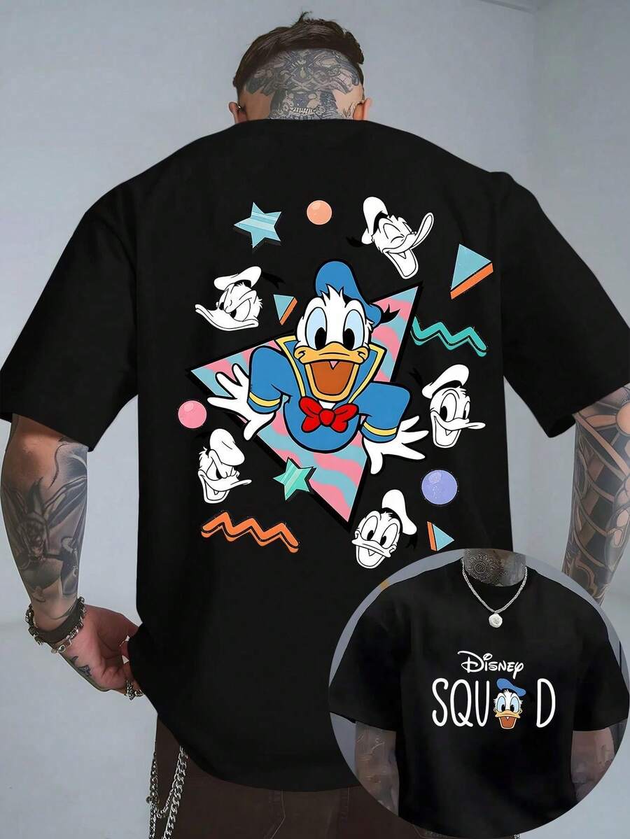 Disney Official Licensed Donald Duck Retro Geometric Double-Sided Graphic T Shirts 100 Percent Cotton Disney Shirt Washed 220g Unisex - màu đen - Xem 1