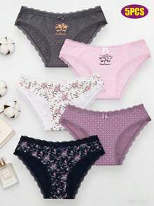 5-Piece Women's Sexy Lace Border Flower, Polka Dot Printed Triangle Pants Set, Low Waist High Elastic Soft And Comfortable Pure Cotton Seamless Underwear Set, Bow Decoration Design, Youthful Vitality, Suitable For All Seasons, Home, Commuting And Dating Wear - 混搭5條裝 - 查看 3