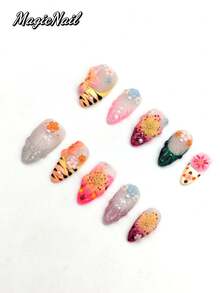 10 Pieces Of Pure Handmade Pressed Wearing Nail, 25mm Long Square Nail, Pink Nail, Red Nail, White Nail, Hand-Painted Red Heart Pattern, 3D White Bow Jewelry, White Heart-Shaped Jewelry, Hand-Painted Red Lines, White Bud Lace. Cute Nail Piece. - Multicolor - View 3