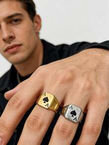 1枚黑桃A扑克牌图案男士休闲小众风格不锈钢镀层戒指，经久耐用，防水不褪色，防过敏，适合日常时尚复古装扮搭配。 - 撲克男士戒指 - 查看 3