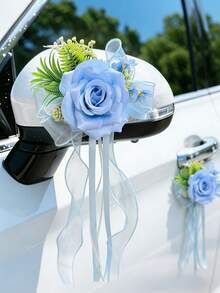 2朵玫瑰花汽车装饰（带吸盘），配绿叶、白色小花和紫白薄纱丝带装饰，适合浪漫场合，例如婚车装饰。 - 多色 - 查看 25