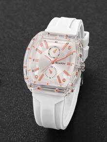 1pc Women's Silicone Watch, Fashion Casual Barrel-Shaped Dual-Eye Numeric Dial Quartz Wristwatch, Minimalist Design (Watch Box Not Included) - White - View 6