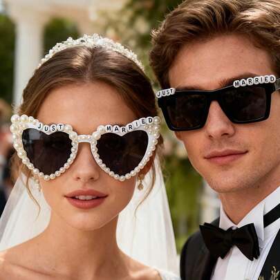 Bride & Groom Wedding Glasses, Tinted Lenses, Imitation Frames, European Special Wedding Series, Suitable For Wedding Parties, Wedding Photography Props, Bridal Shower, Romantic Styling Glasses
