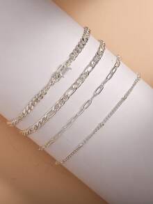 Bộ 4 vòng tay nữ, kiểu dáng thời trang thường ngày, đính đá Zirconia hình chữ nhật nhỏ li ti, dây xích cơ bản, nhiều lớp, có thể xếp chồng lên nhau, quà tặng trang sức vòng tay xếp chồng (khóa dây và số lượng hạt ngẫu nhiên). - Bạc - Xem 5