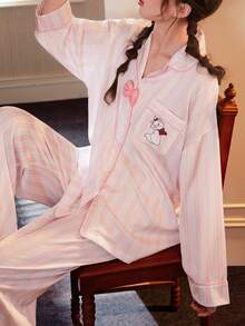 Gongdie 2pcs Disney Marie Cat Print Cotton Long Sleeve Pajama Set For Women, Spring/Autumn - Pink - View 3