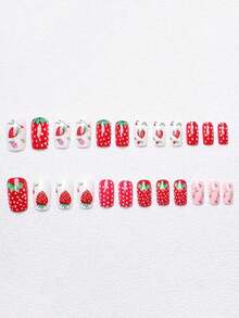 24pcs Medium European Square False Nails, French False Nails, Strawberry Pink Flower Pattern, Sweet And Cute Ins Style Wear Nails, Full Coverage Removable Women's Nail Art Set, Suitable For Party Dance And Daily Wear - Multicolor - View 3