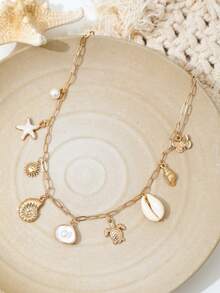 1pc Ocean Style Seashell, Turtle, Starfish Necklace With Faux Pearl Scallop & Conch Charm Pendant, Women Clavicle Chain - Vàng - Xem 4