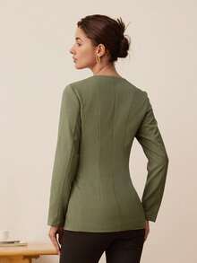 Amyenjoylife Women's Solid Color Casual Collarless Blazer - Olive Green - View 3