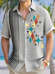 Retro Striped Geometric Print Men's Button-Down Short Sleeve Vacation Shirt - Grey - View 2