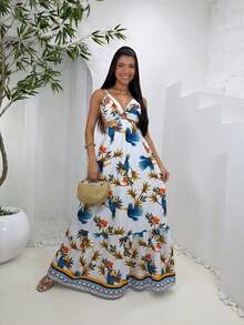 Women's Floral Long Dress, Loose Fit, Elegant, Lined, Printed - 白色和藍色圖案 - 查看 2