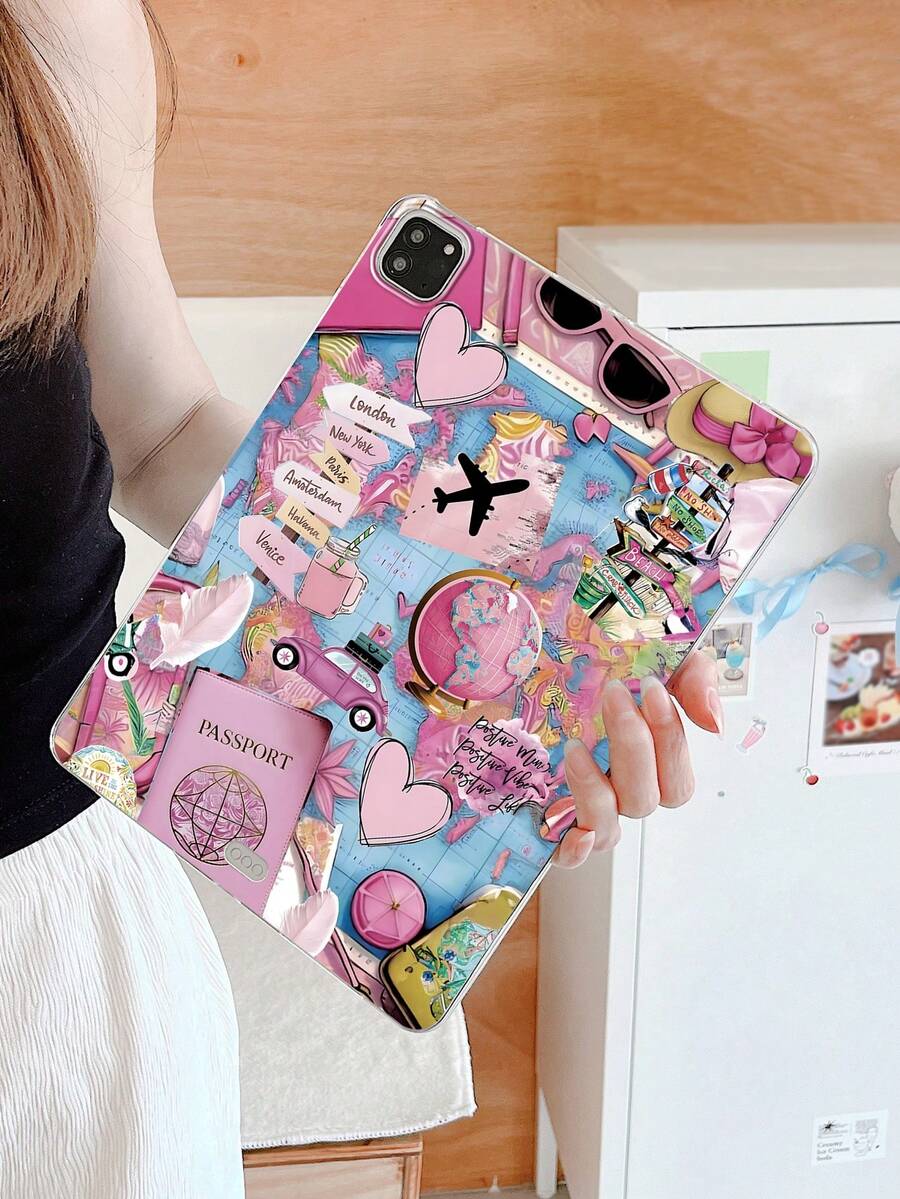 Cute Pink Travel Elements Shockproof Basic Pad Case 1pc Pink Travel Collage City Landmark Passport & Airplane Print Transparent Protective Case Integrating Passport & Globe City Landmark Travel Aesthetic Design Suitable For 10th Gen Suitable For Travelers Cute Style Lovers Birthday Anniversary Spring Gift - Clear - View 1