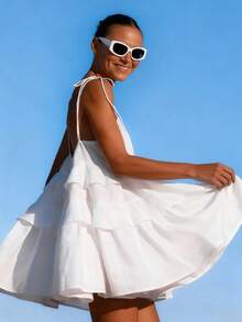 Damen Sommer halb-transparentes quadratisches Ausschnitt Urlaubs-Stil sexy Rüschen-Saum Spaghettiträger Kuchen Kleid, rückenfreies ärmelloses locker sitzendes Mini-Kleid, Sommer Outfits, Konzert Outfit für Frauen, Rave Outfits Festival, Urlaubs Outfits für Frauen Party Elegant Weiß - Weiss - Übersicht 6