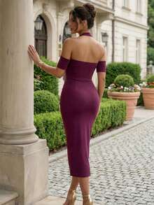 CurvySweet Women's Elegant Pleated Halter Waist-Cinched Mid-Length Dress With Built-In Bust Pads, Suitable For Daily Outings And Cocktail Parties - Burgundy - View 3