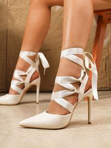 尖头细高跟系带米色高跟鞋，性感时尚，适合派对装扮 - 米色 - 查看 3