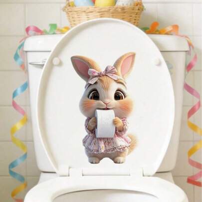 1-2pcs Funny Cute Rabbit Highland Cow Toilet Sticker, Cute Animal Holding Toilet Paper Roll Pattern, Removable Waterproof Vinyl Sticker For Bathroom, Toilet Lid, Tank And Wall Decor