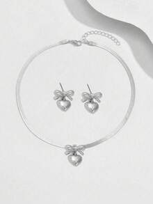 3件套优雅耳环项链首饰套装，时尚简约几何镂空心形吊坠和纹理圆形吊坠，扁平蛇形链项链，百搭日常配饰 - Silvery - 查看 2