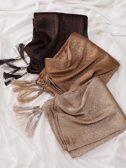 1pc Women's Solid Color Velvet Satin Jacquard Tassel Hijab Scarf With Pearl Pendant
