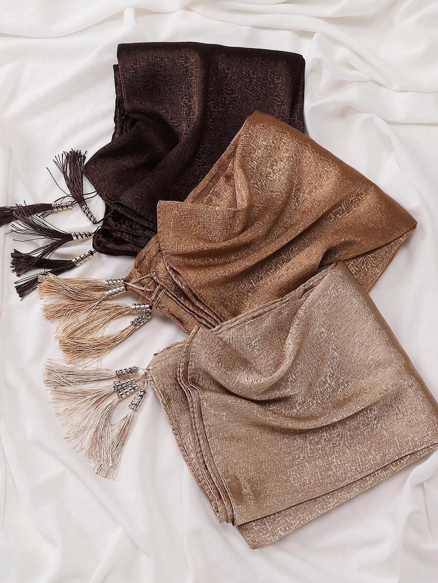 1 chiếc khăn trùm đầu Hijab bằng nhung satin jacquard màu trơn dành cho nữ, có tua rua và mặt dây chuyền ngọc trai. - Nhiều màu - Xem 1