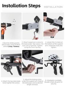 WEST BIKING 90 Degree Foldable Wall-Mounted Bicycle Hook, Rust-Resistant And Wear-Resistant, Can Hang Helmet, Cycling Shoes, Glasses, Mountain Bike, Road Bike, Bicycle Accessories Storage Hook, Includes Installation Accessories - A - View 9