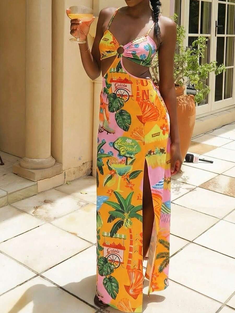 2026新款热带印花露背不规则吊带镂空度假风女式无弹力梭织修身长裙，春夏新品，时尚优雅 - 彩色 - 查看 1