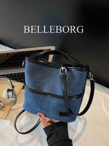 Contrast Color Denim Retro Bucket Tote Bag, Commuter Handbag For Women - Black - View 2