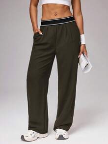 Women's Loose Fit Wide Leg Track Pants, Solid Color High Waist Athletic Pants With Contrast Waistband, Casual Outdoor & Loungewear Bottoms, Minimalist Stylish Activewear For Teens, Juniors & Adults, Ideal For Spring & Summer - 卡其色 - 查看 1