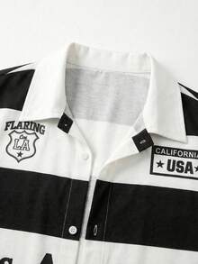 Áo sơ mi nam họa tiết đua xe, áo sơ mi kẻ sọc đen trắng dáng rộng, áo kiểu retro với huy hiệu Los Angeles, phong cách thời trang đường phố. - Nhiều màu - Xem 6