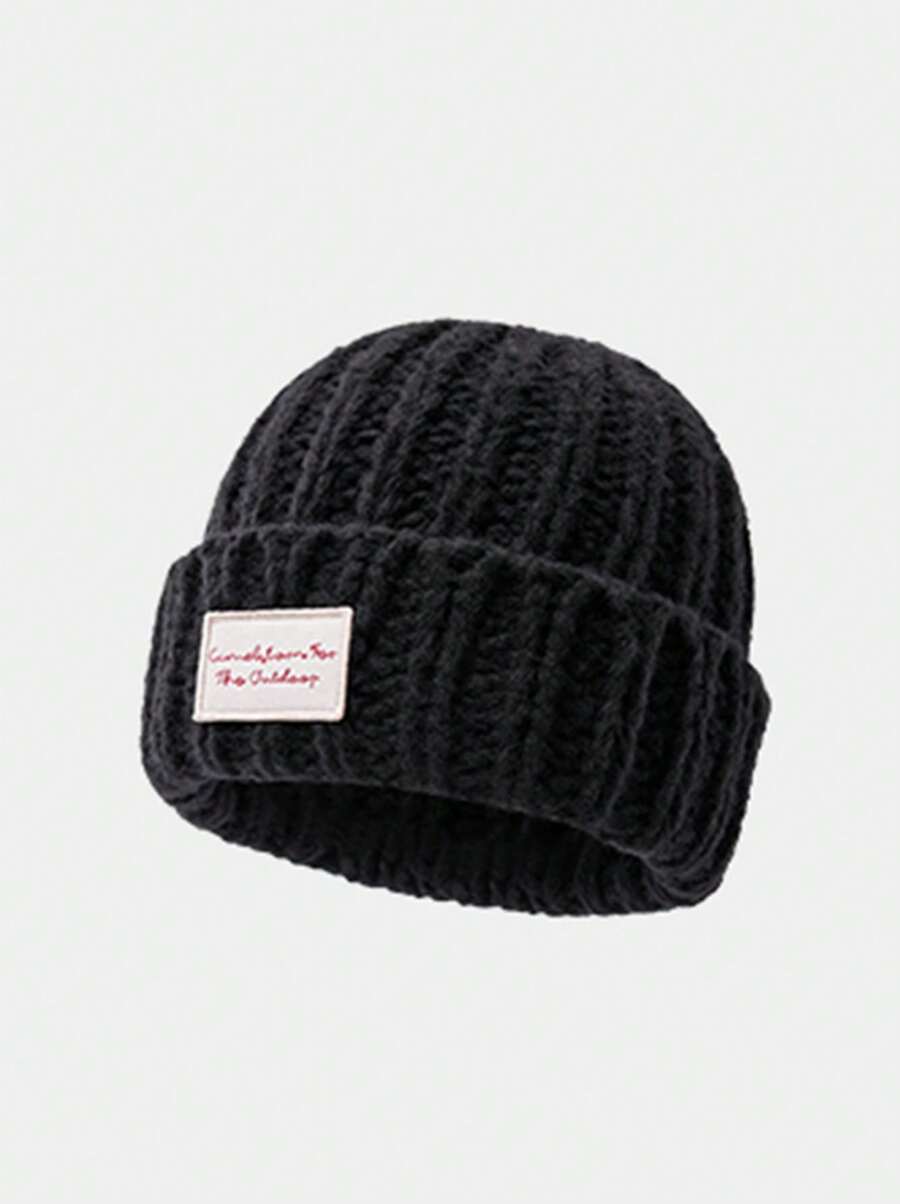 CAMEL CROWN Gorro de tricô para outono/inverno, gorro de lã quente, faixa de cabeça de lã grossa, gorro moderno à prova de vento com elástico - Noite Escura Preta - Ver 1