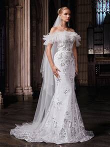 QOQ Romantic Floral Embroidered Strapless Wedding Dress - White - View 6