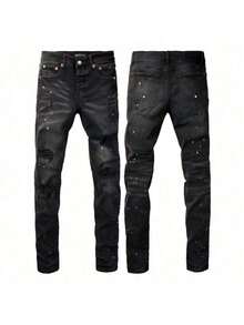 2025 New Hot  Purple American Style Men Jeans High Street  Slim Fit Stretch Black Ripped Skinny Pants Fashionable - 黑色 - 查看 1