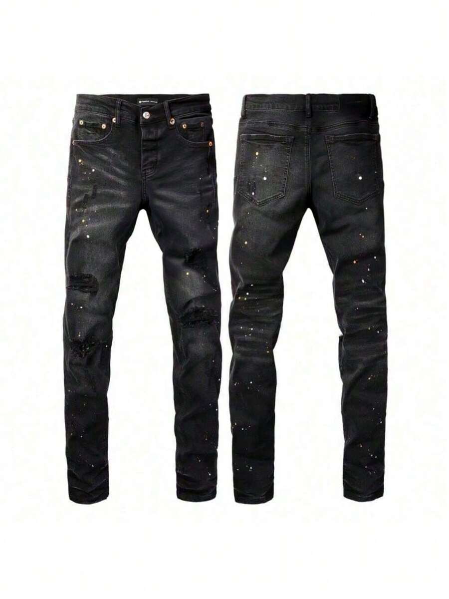 2025 New Hot  Purple American Style Men Jeans High Street  Slim Fit Stretch Black Ripped Skinny Pants Fashionable - 黑色 - 查看 1