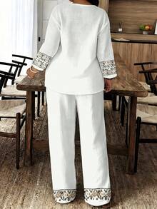 1 Set Retro Woven Small V-Neck Long-Sleeve Wide-Leg Pants Women's Plus Size Set For Summer Home & Birthday Gift, With White Base Floral Embroidery Print - Nhiều màu - Xem 4