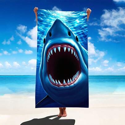 1条鲨鱼图案沙滩巾，超柔软超细纤维特大号沙滩毯，超强吸水浴巾，适合旅行、游泳池、潜水、冲浪、瑜伽、露营等场合，多种尺寸可选，沙滩、泳池、旅行、露营、瑜伽必备用品