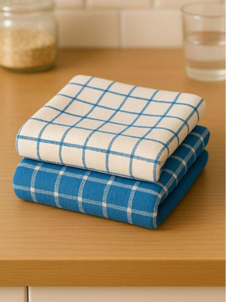 Premium 4-Piece Turkish Cotton Kitchen Linen Set – Ultra Absorbent Dish Towels & Tea Towels – Modern Red & White Checkered Design - Blue - View 1