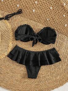 Bộ bikini trắng gợi cảm lãng mạn 2 món - Áo quây viền ren và chân váy xếp ly cạp cao, đồ bơi đi biển cho nữ, kỳ nghỉ hè, màu đen. - màu đen - Xem 4