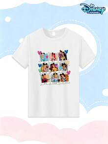 Girls' Short-Sleeved T-Shirt, Summer Disney All-Star Princess Photo Print Top, Round Neck, Skin-Friendly And Breathable Pullover, Suitable For Girls Aged 4 To 12, With High-Definition Digital Print Of Elsa, Ariel, Jasmine, Rapunzel, Belle, Pocahontas, Condi, Anna, Snow White, Nine-Grid Photo Style, Not Easy To Fade, A Must-Have Top For Theme Parks, Photo Shoots, Outings, Birthday Parties, Surprise Gifts, Everyday Wear, School Casual Play, Breathable Base Layer, Eye-Catching For Parent-Child Outings, Children's Cartoon Commemorative Style, Suitable For Inner And Outer Wear, Versatile Pullover Top For Spring, Summer And Autumn. - White - View 2